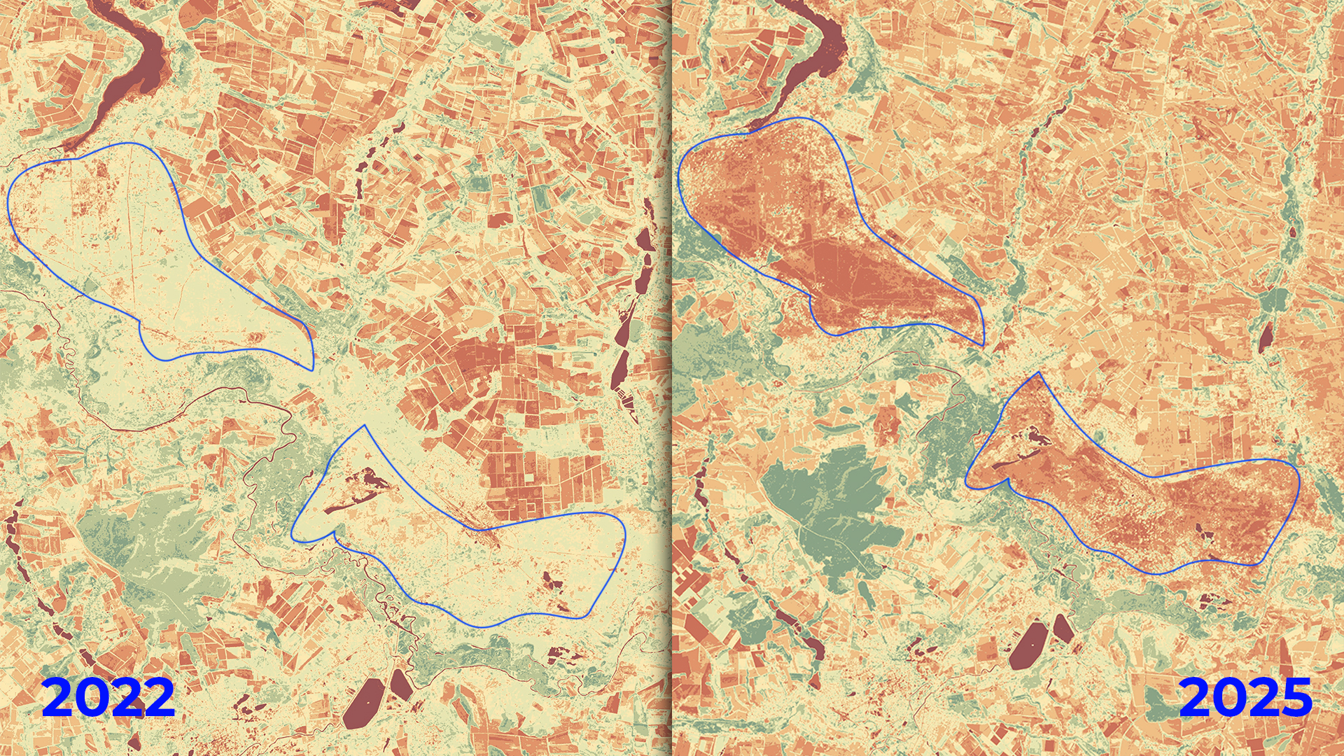 Синім виділено орієнтовну територію Святих гір. Чим більше помаранчевого кольору — тим більше спалених та знищених ділянок. У 2022 році помаранчевого кольору майже немає, у 2025 році — це більшість ділянки лісу.